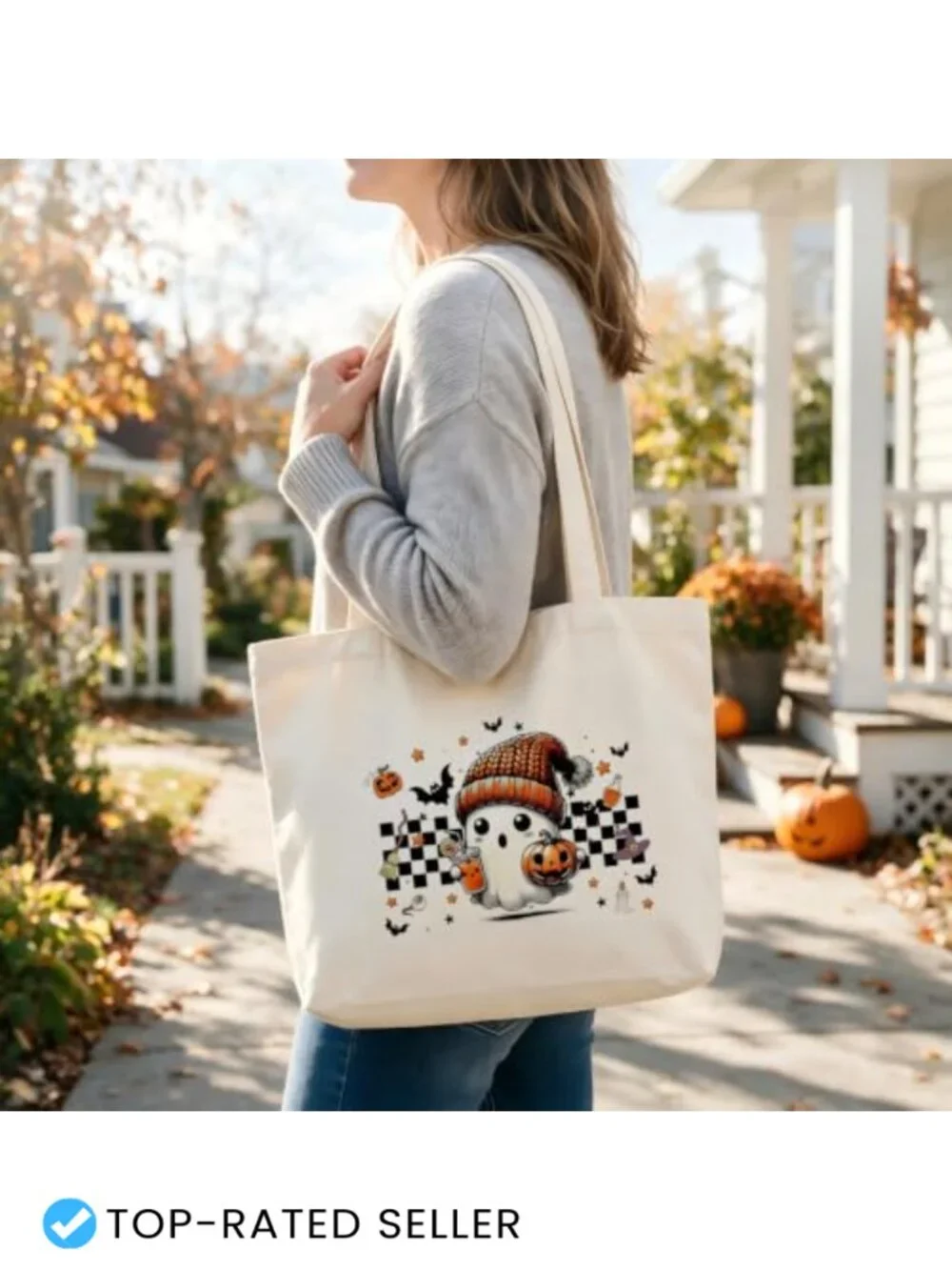 Halloween Ghost Canvas Tote Bag for Trick or Treating, Reusable Fall Gift